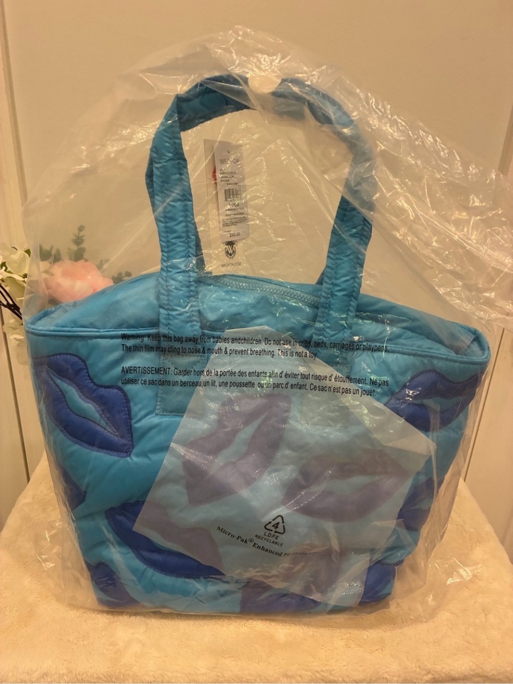 Wildfox Blue Quilted Tote with Royal Blue Lip Appliqués - Picture 4 of 5